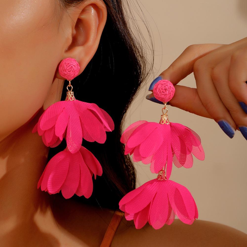 Boho Style Chiffon Flower Earrings Exaggerated Ear Studs Trendy Fabric Tassel Earrings  for Women