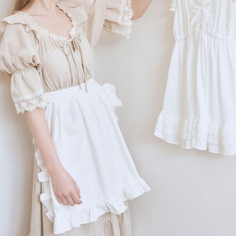 Ruffle Edge Work Apron White Short Apron Fashion Half Body Apron For Flower Shop