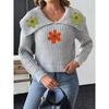 Women’s Cropped Top, Woven Knit, Large Lapel, Embroidered Floral Patchwork Pullover