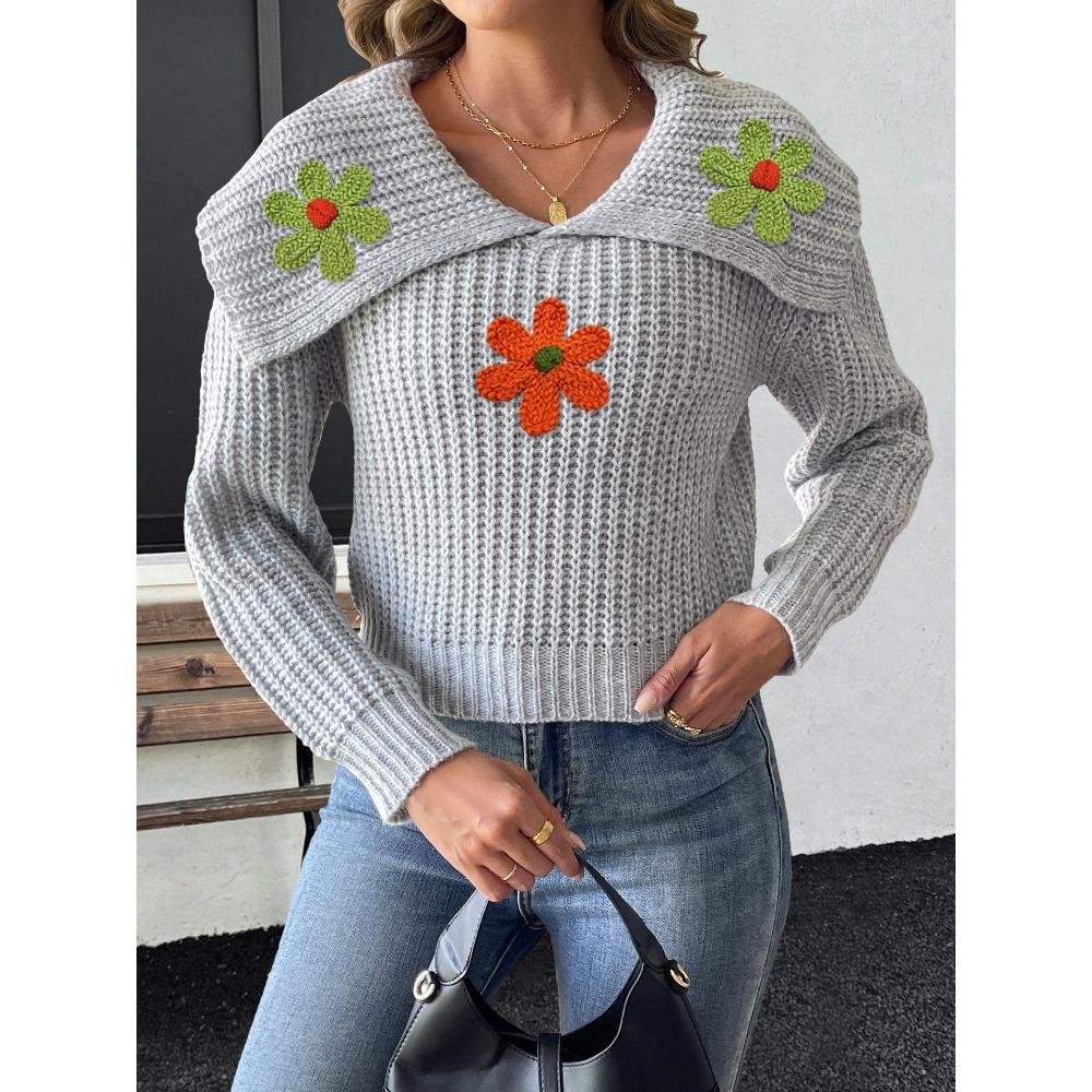 Women’s Cropped Top, Woven Knit, Large Lapel, Embroidered Floral Patchwork Pullover