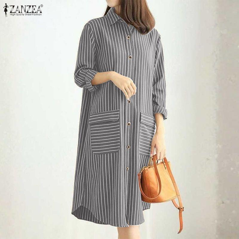 ZANZEA Dámské ležérní pruhované šaty košilového střihu s dlouhým rukávem a límcem
