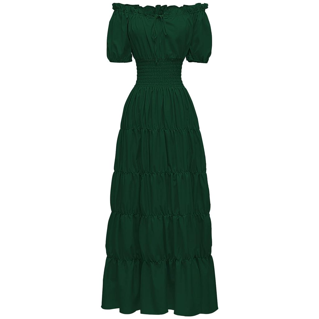 Elegant Medieval Renaissance Dress Boho Short Sleeves Off Shoulder Smocked Waist Retro Pleated Long Dress Costume Gown