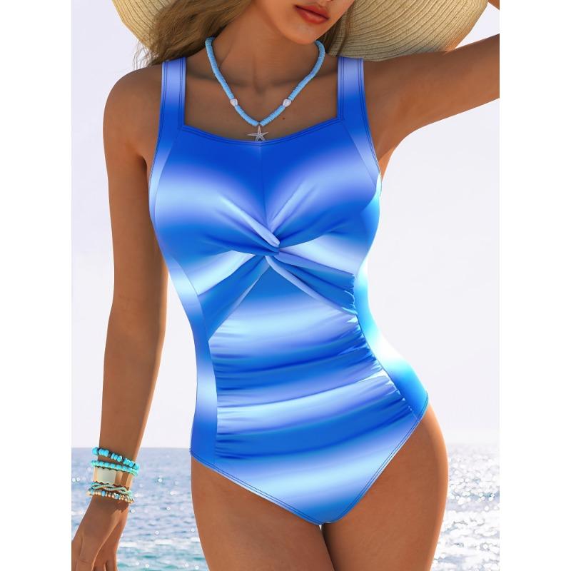 

Women s Blue Gradient Twist Front Square Neck Sleeveless Ruched One-Piece Swimsuit S синій
