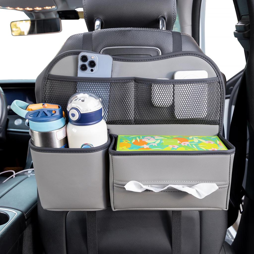 Sancaral Autositzrücken für hintere Aufbewahrungstasche mit Getränke-Taschentuch und Kopfstütze für Reise-Tasche, Leder, Sitze, Halter, Box, Haken, Halterung, Im Auto