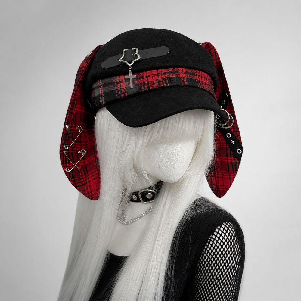 Metal Ring Accents Rabbit Ear Beret Y2K Punk Style Visor Beret Cap Alternative Fashion