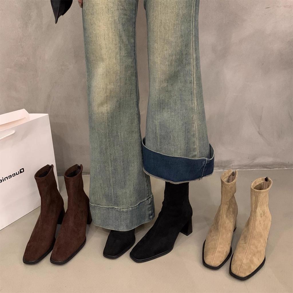 Zhike high-heeled Korean small ankle boots suede Martin boots women's shoes 2025 new autumn and winter square head thin short boots