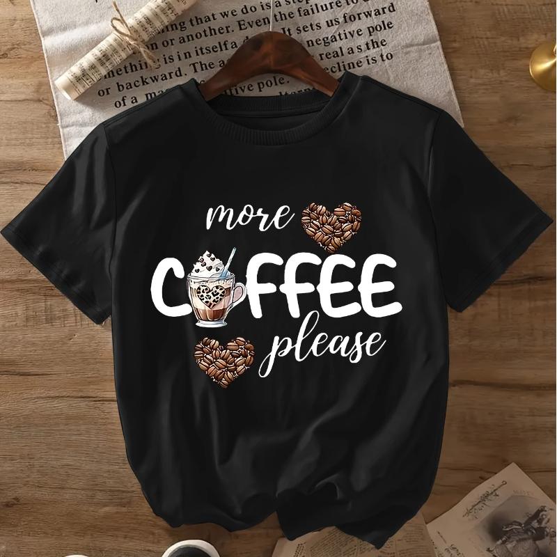 Women s Casual More Coffee Please Heart Coffee Bean Print Harajuku Short Sleeve Casual Clothing Street Tees Aesthetic Clothes XS чёрный
