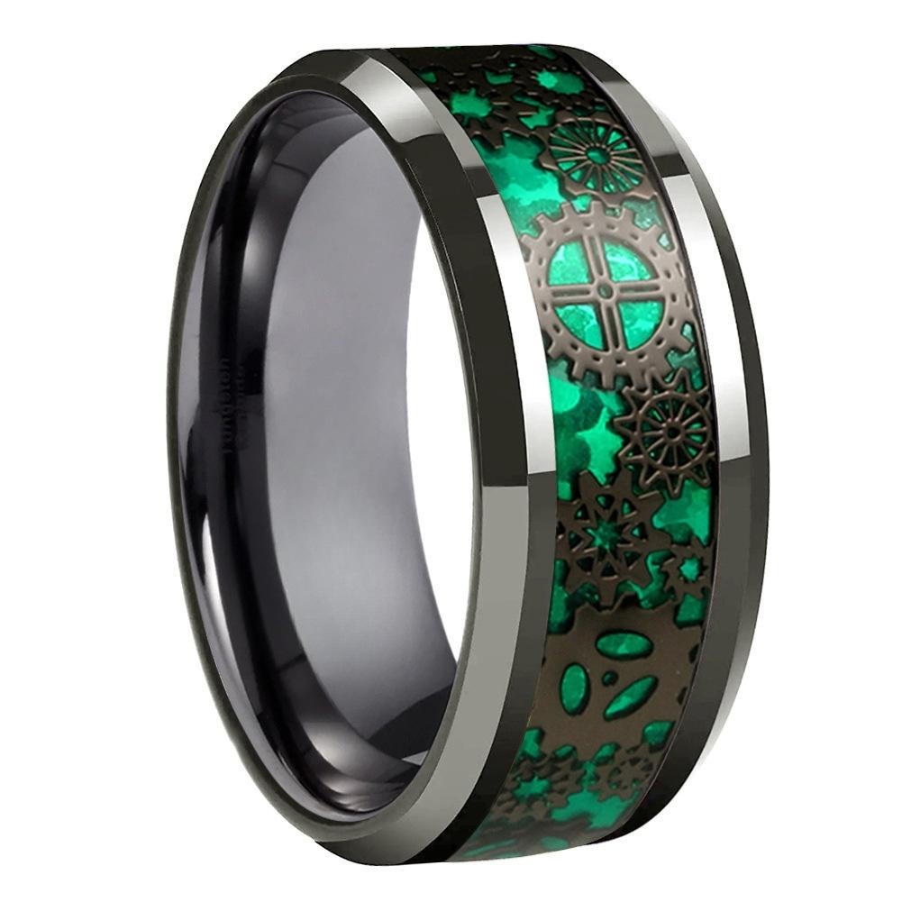 

8MM Fashion Men Gear Inlay Steel Ring Polished Green Carbon fiber Stainless Steel Rings Women Wedding Band Jewelry For Gift 13 чорний