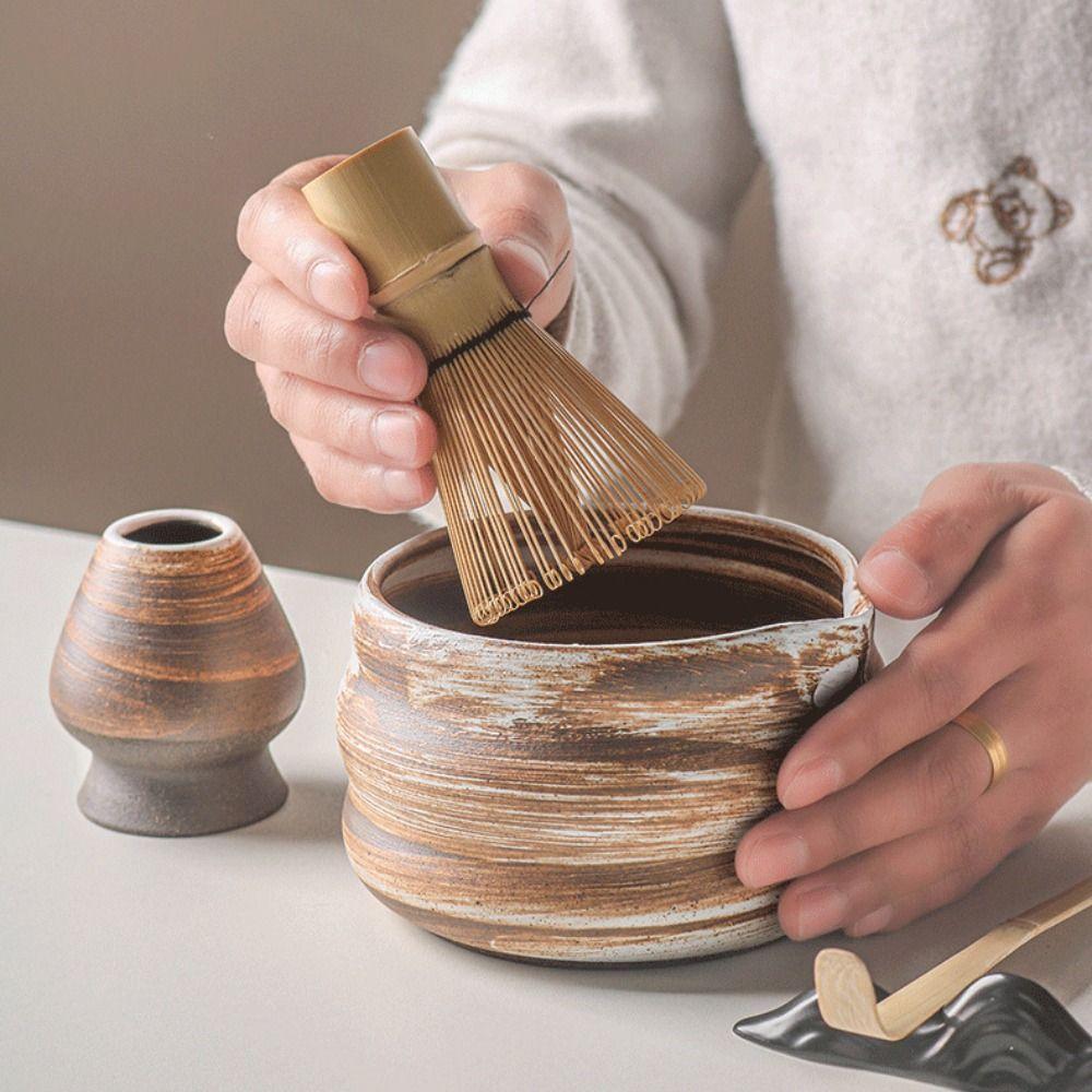 New Ceramic Matcha Bowl with Pouring Spout Reusable Matcha Whisk Holder Textured Matcha Making Kit Tea Lovers