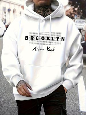 New York Brooklyn Retro Letter Men Hip Hop Sports Hoodie, Dot Background Cursive Text Front Pattern, Soft Loose Daily Sweatshirt