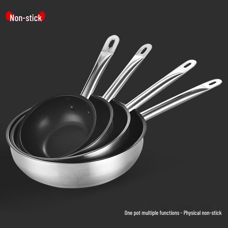 Non-Stick Stainless Steel Frying Pan with Composite Bottom for Eggs, Pancakes, and Steak - Single Handle, Induction Compatible.