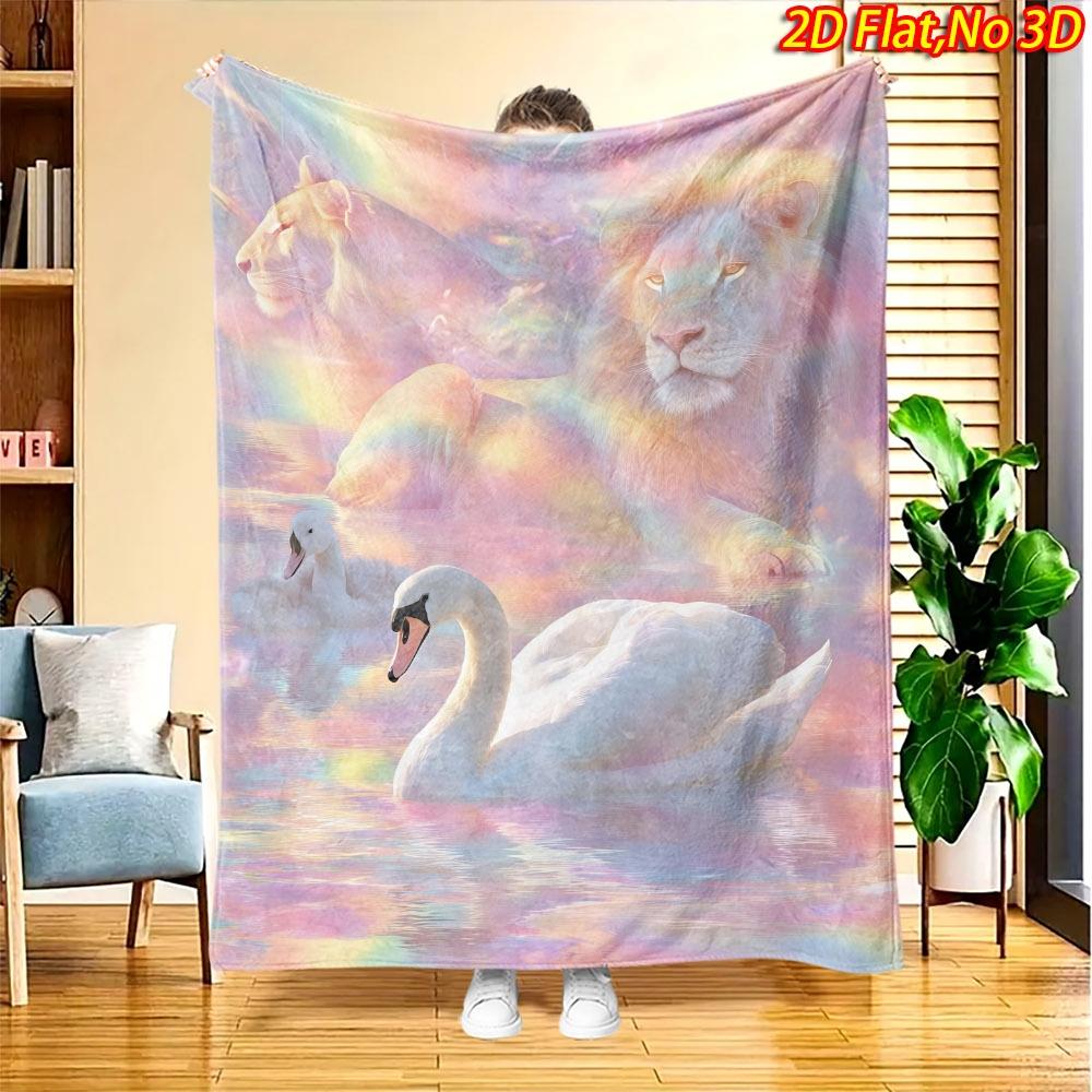 1 Stück Löwenstolz Schwanensee Decke - Weiches Flanell Geeignet für Alle Jahreszeiten, Löwen- & Schwanensee-Druck Tagesdecke, Maschinenwaschbare Kuscheldecke für Sofa, Bett, Dek
