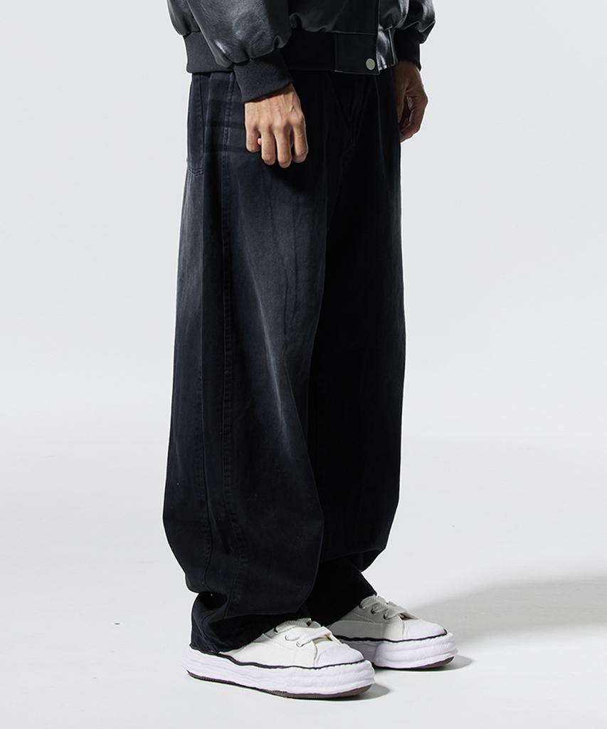 CREAM SODA LAB Half-Band Vintage Front Wash Wide Balloon Denim Pants Black