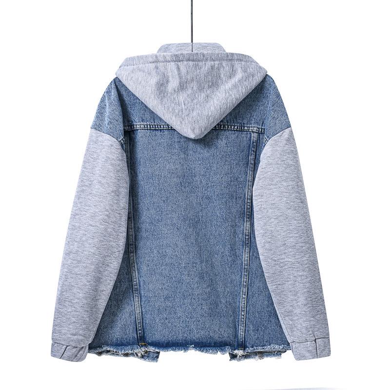 Trendy Plus Size Patchwork Denim Hoodie - Casual Loose Fit
