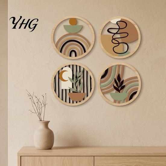 Placche Rotonde Decorative in Legno 4 Pezzi Arte da Parete Boho, Cartelli Appesi Piatto 2D, Geometria Moderna Materiale Naturale Ornamenti per la Casa Decorazione in Legno, Boemo per