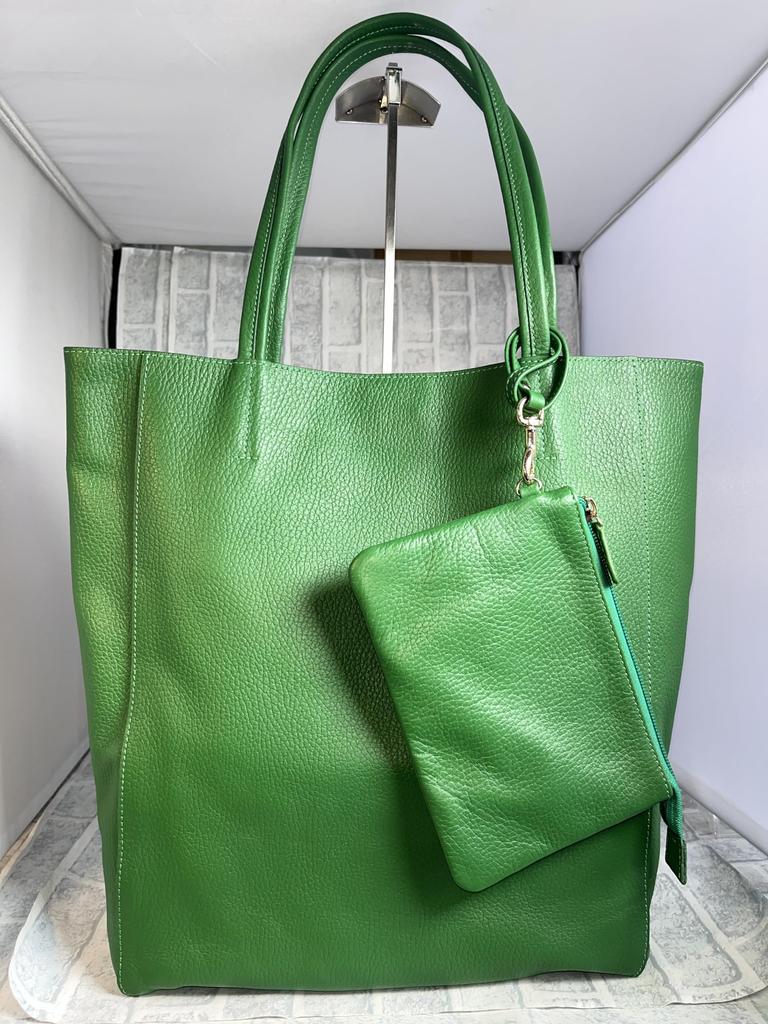 Rebecca Genuine Cowhide Leather Shrink Tote Bag with Pouch, Vertical Style, Unisex, JT-240322 (Green)