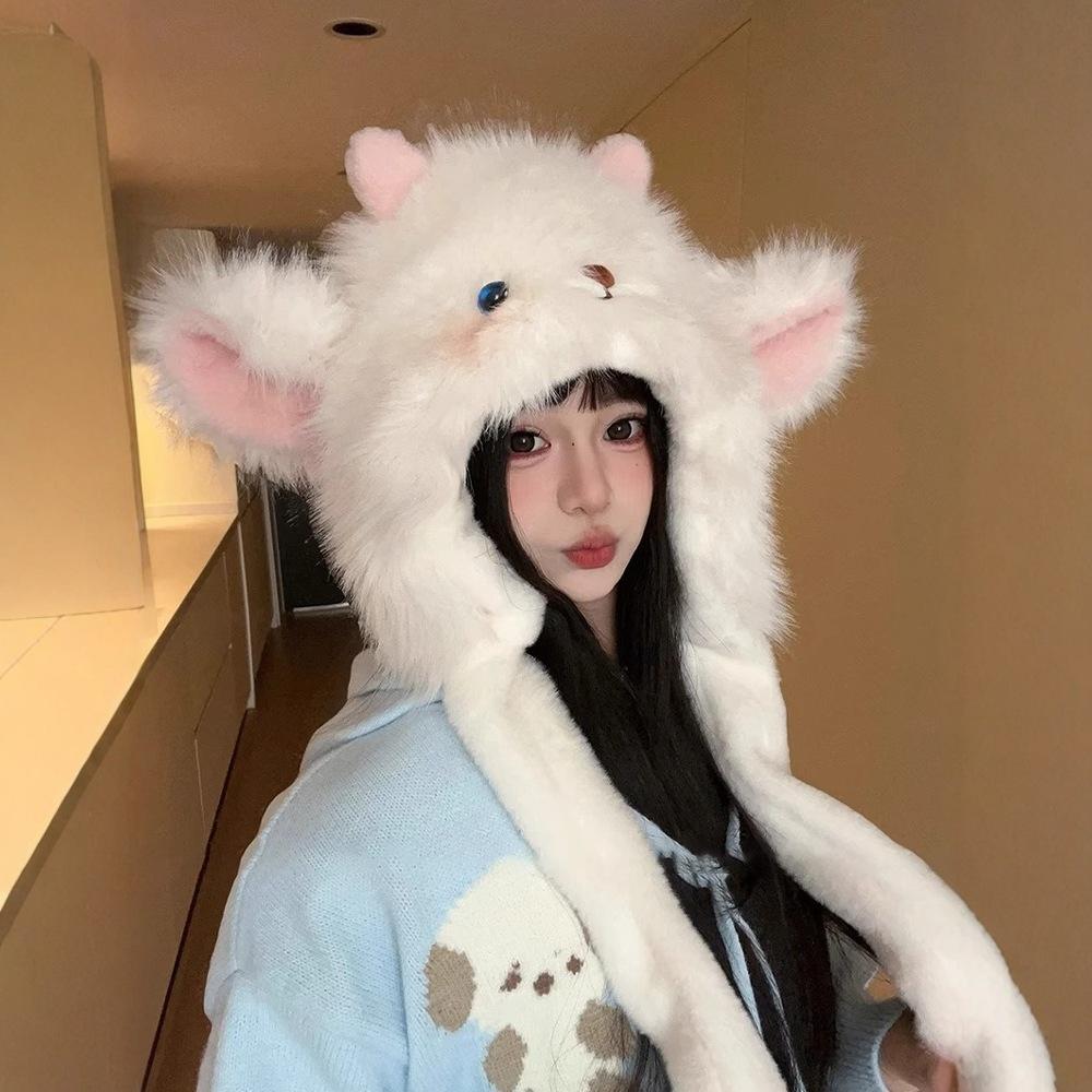 New Winter Cartoon Lamb Thick Plush Hat for Women Keep Warm and Pinch Ears and Move Ear Protection Windproof Hat