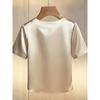 Spring Summer French Style Pearl Round Neck Satin Short Sleeve Shirt T-shirt