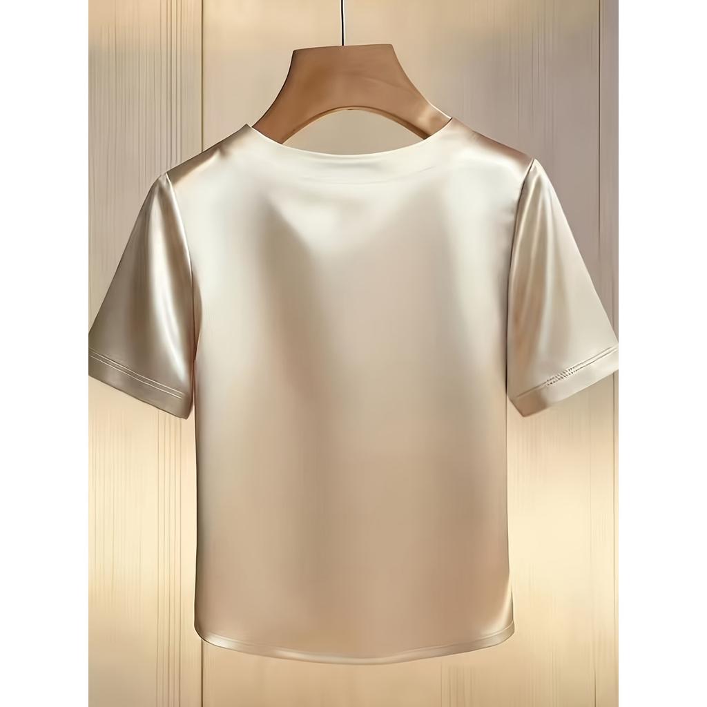 Spring Summer French Style Pearl Round Neck Satin Short Sleeve Shirt T-shirt