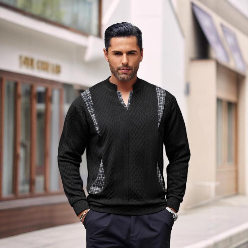 Men S V Neck Pullover Sweatshirt Long Sleeve Loose Fit Plaid Casual Top
