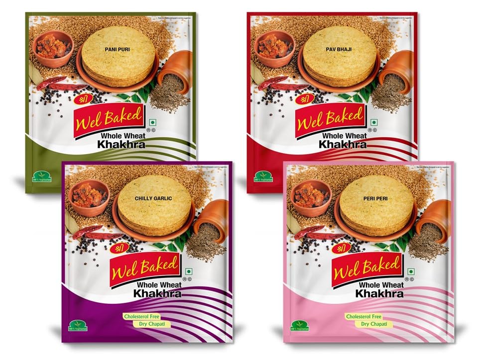 WEL BAKED Whole Wheat Khakhra Combo Pack - Pack Of 4, 200gms Each | Pani Puri, Pav Bhaji, Chilly Garlic, Peri Peri | Dry Chapati | Khakra F