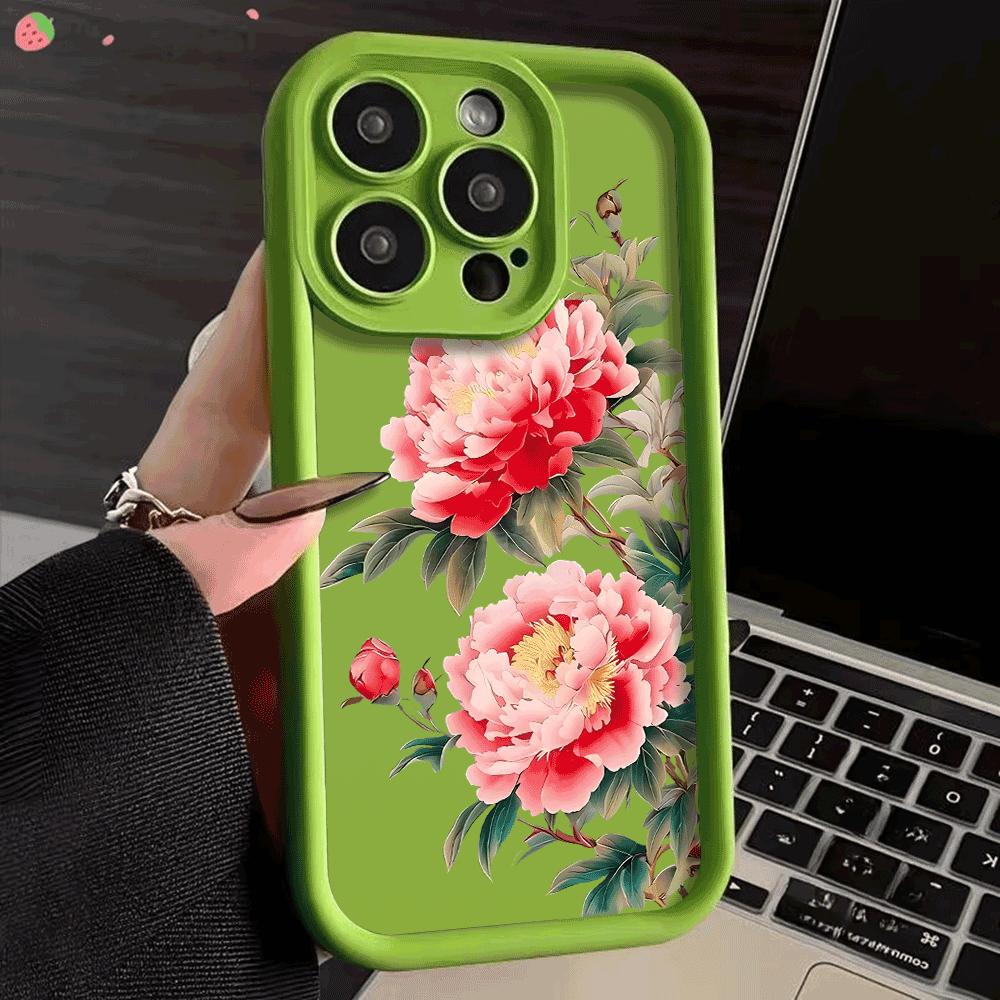 Retro peony Protect Phone Case For iPhone 16 15 Pro Max 14 13 12 11 X XS 15 14 Plus 12 13 Mini Shockproof Trendy soft Cover