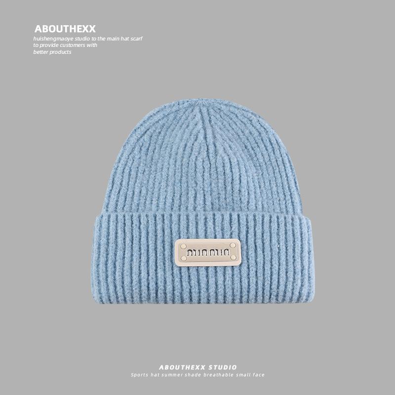 Hat Women's Autumn and Winter Woolen Hat Showing Face Small Warm Ear Protection Cold Hat Rubber Label Letter Knitted Hat Student Pullover Hat for Men
