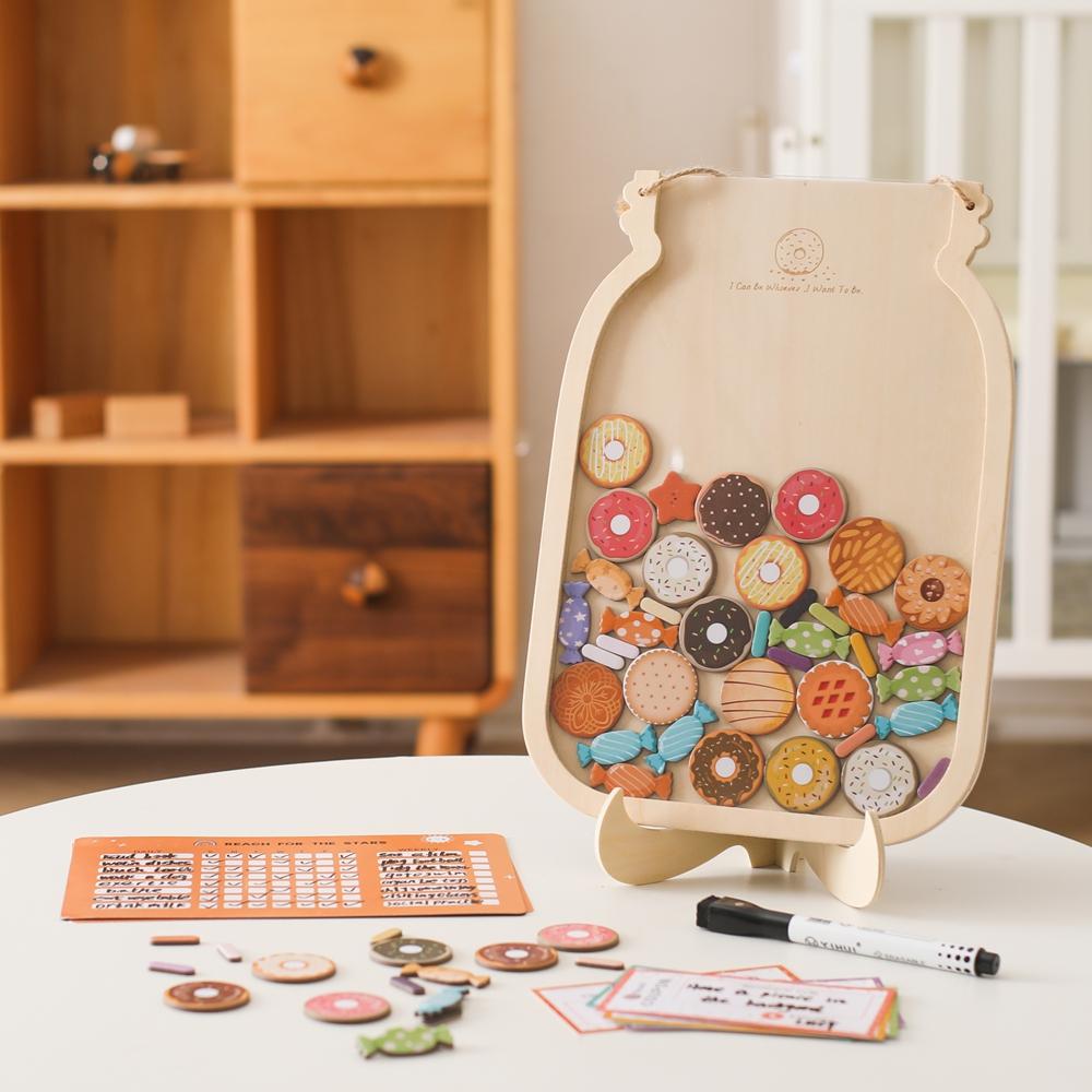 Baby Montessori Toys Kids Wooden Reward Jar Personalized Educational Accessories Reward Record Bottle Star Doughnut Slices Toys