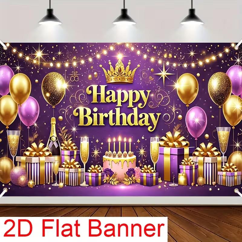 

2D Happy Birthday Background Cloth Purple Gold with Champagne & Gifts Banner 47.2x31.5inch/120*80cm