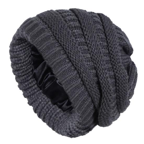 Yousheng Women Knitting Hat Solid Color Ear Protection Thickened Warm Satin Lining Pile Hat Winter Outdoor Riding Headgear