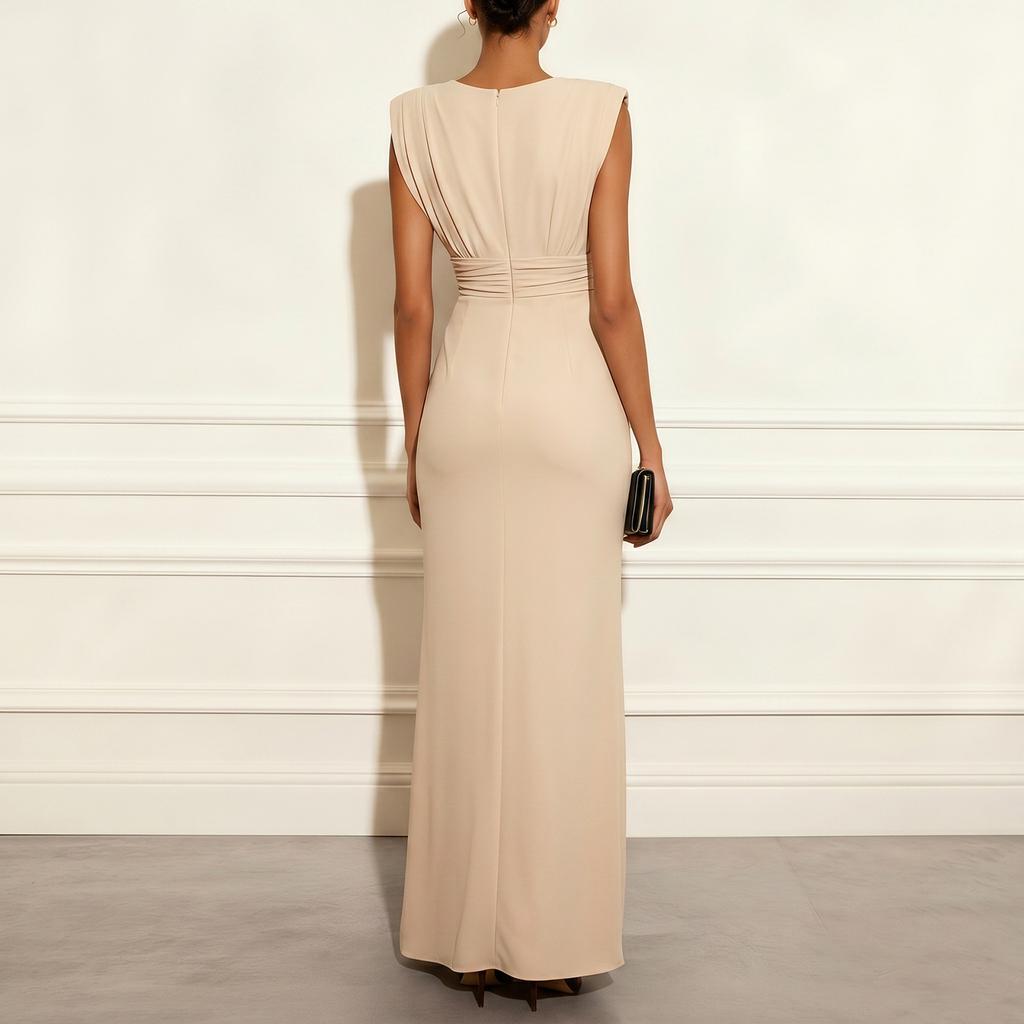 Women’s V Neck Sleeveless Maxi Dress Waist Cinched Slit Party Gown Evening Formal Dress Elegant Long Dress for Special Occasions