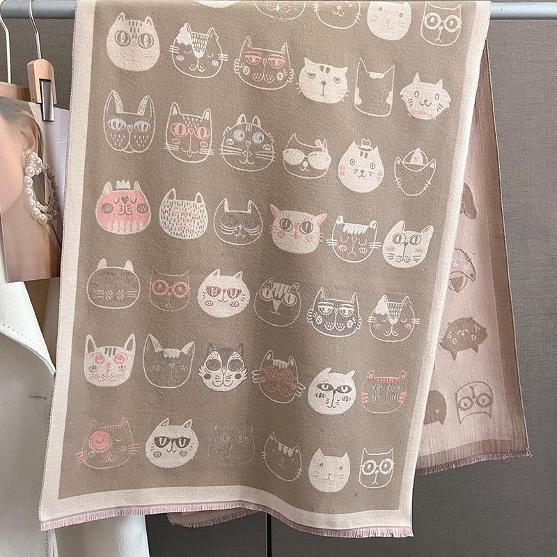 Autumn and Winter Travel Warm Cashmere Shawl Scarf Fashion Women Cat Print Pashmina Blanket Wraps Female Cute Poncho Bufanda