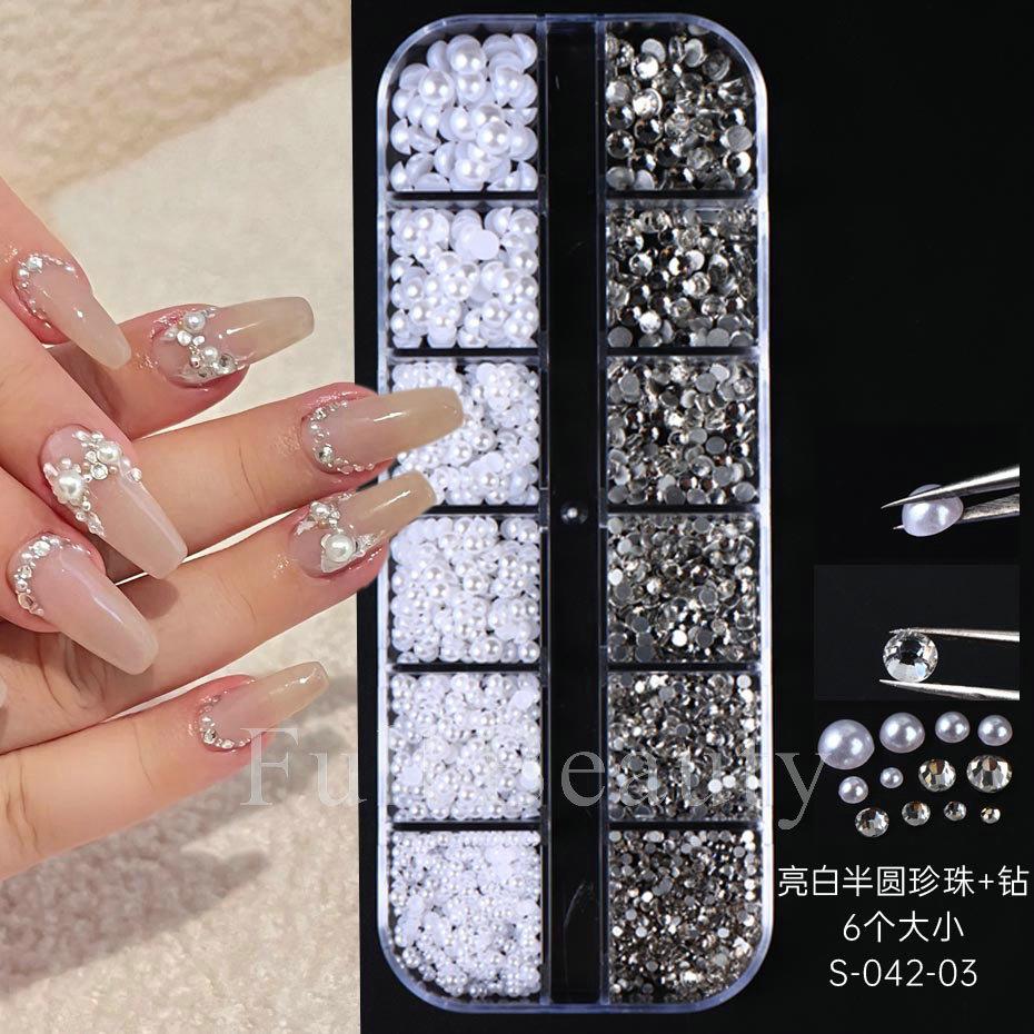 Nail Art Jewelry, Maillard Color Pearl Flat-Bottomed Diamond Steel Ball Diy Nail Jewelry Mixed