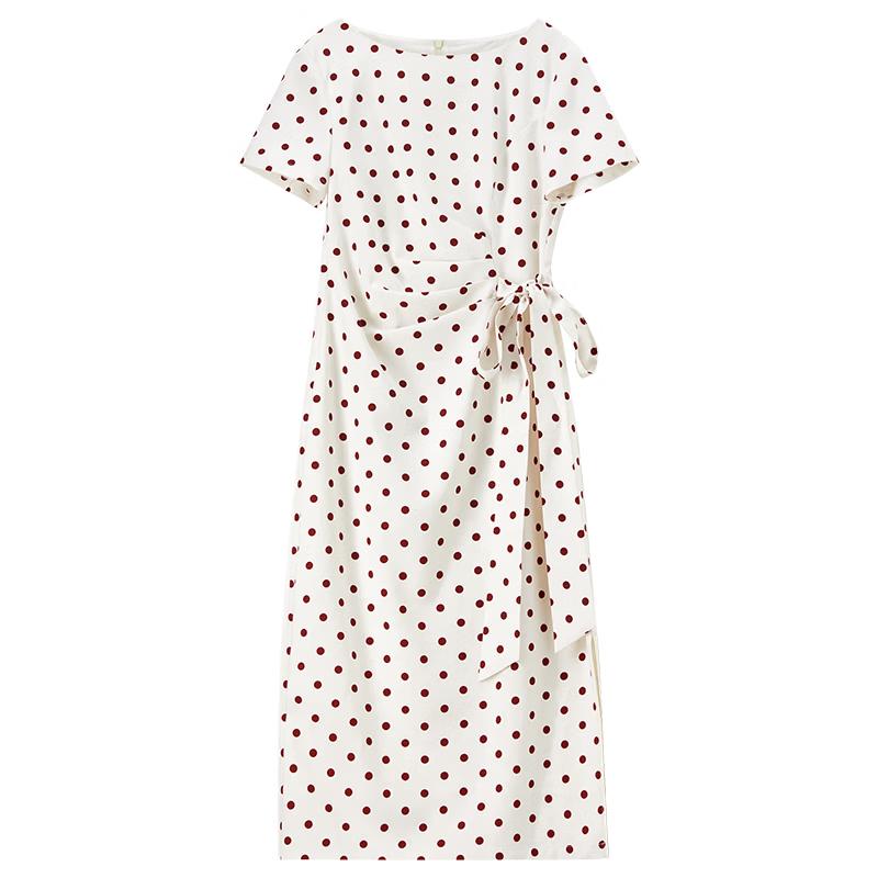 Elegant Linen Blend Polka Dot A-Line Midi Dress XL