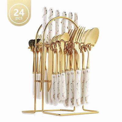 Set de couverts plat en céramique et acier inoxydable 24 pièces Ustensile de cuisine Service de table Couverts avec support pour la maison Restaurant Or