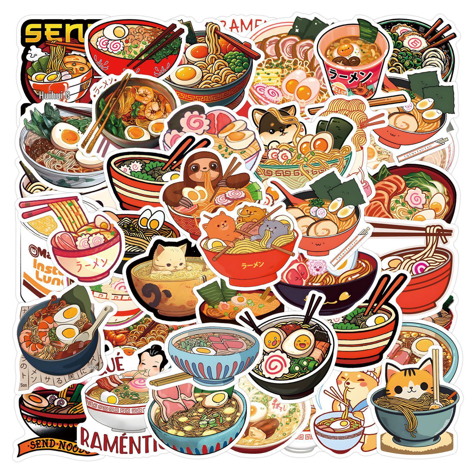 47 Food-Themed Ramen Stickers: Small, Waterproof, Cartoon Designs for Journals & Phone Cases