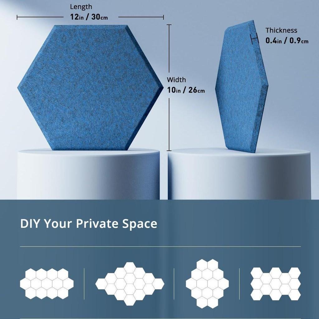 12-Piece Hexagonal Polyester Fiber Sound-Absorbing Panels - Cork Board Alternative