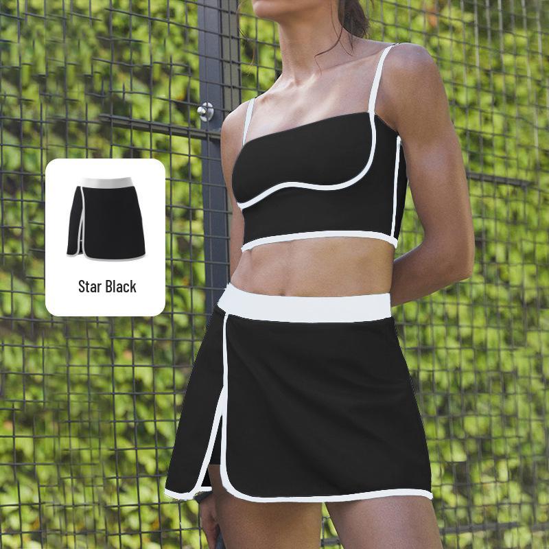 Women's Color Block Strap Skirt & Shorts Set – High Waist, Slimming Yoga Outfit with Contrast Design