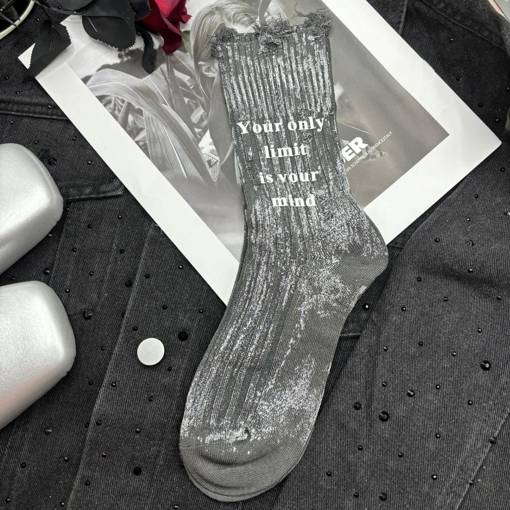 Stripe Mid Tube Socks Unique Letter Personality Mid-Calf Socks Soft Ripped Hollow Socks  For Women