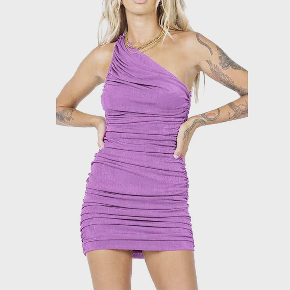 2022 Summer European & American Solid Color Pleated Off-Shoulder Dress