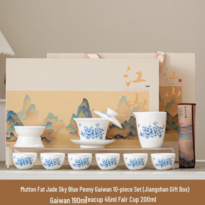Mutton Fat Jade Blue Sky Peony Ceramic Tea Set