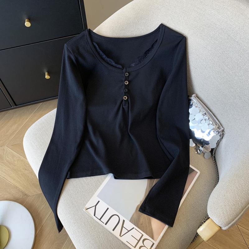 

Стильная футболка с кружевным воротником и лоскутным узором для женщин, весенняя блузка с длинным рукавом XL чёрный