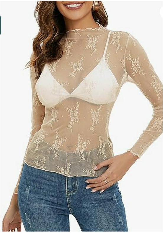 Women's Mesh Lace Layered Stand Collar See-through Top.