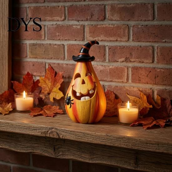 Holiday Gifts for Friends Halloween Smiling Pumpkin Ornament with Wizard Hat And Spider, Resin Tabletop Pear-shaped Figurine, Retro Statue Home