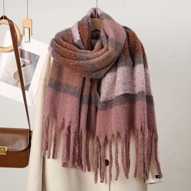 New Scarf Women Female Winter Mohair Warm Thickened Long Scarves Soft Patchwork Coarse Braid Tassel Shawl Viscose Wrap Shawls