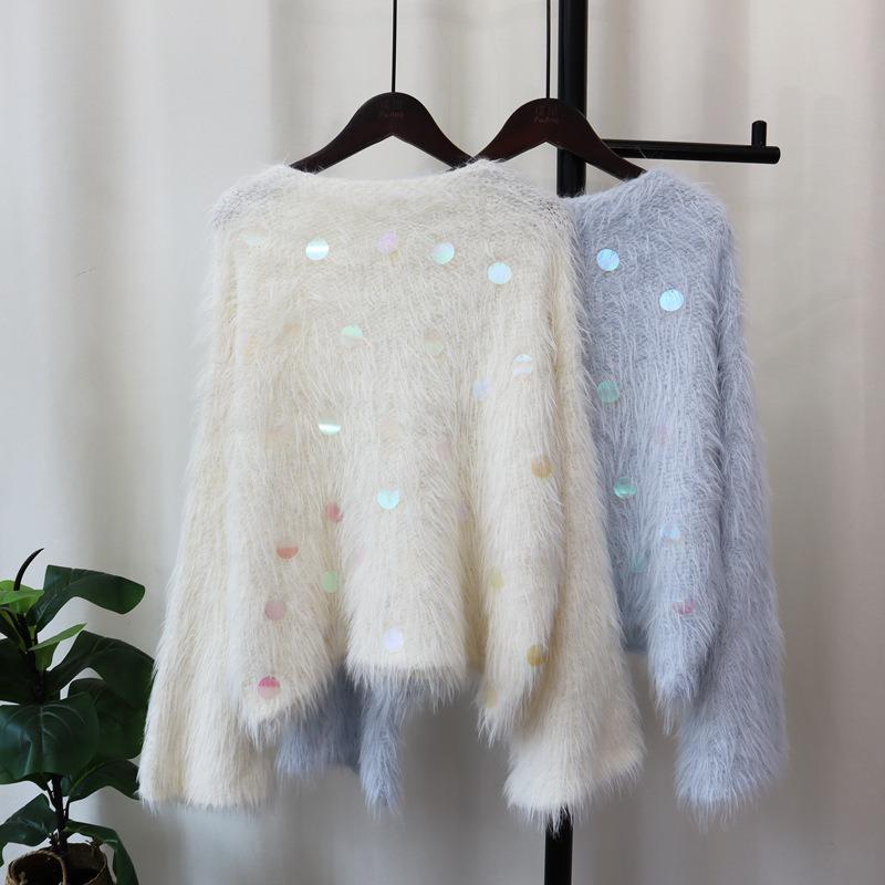 Autumn and winter new sequins sweet soft waxy imitation mink fleece sweater pullover round neck gentle knitted sweater top women