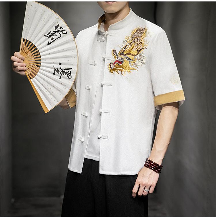 Camicia Casual da Uomo Stile Cinese con Ricamo di Drago, Collo Rialzato, Manica Corta, Taglia Larga