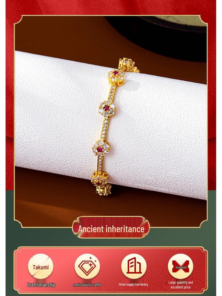 Pulseira de Contas de Ouro Areia Vietnamita com Incrustação de Zircônia-Flor - Joia de Luxo Feminina de Longa Duração