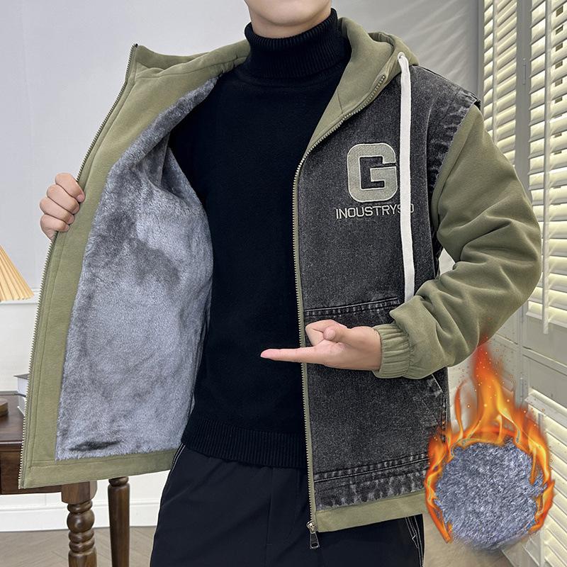 Giacca di Jeans da Uomo Autunno e Inverno Studenti Adolescenti Quotidiana Casual Denim Finto Due Pezzi con Cappuccio Più Velluto