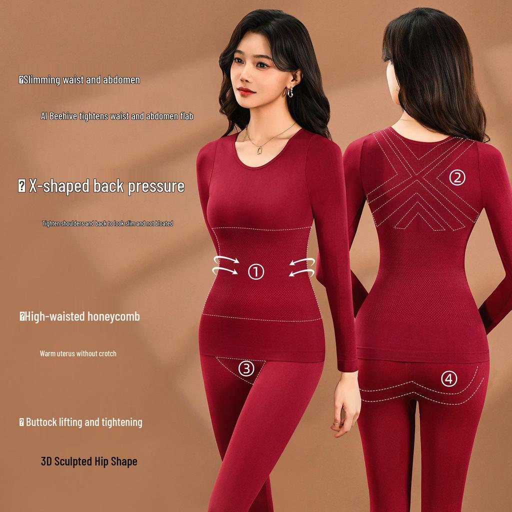 Women's Autumn/Winter Seamless Warm Abdomen-Control Sculpting Base Layer Set: Slim-Fit Top and Pants